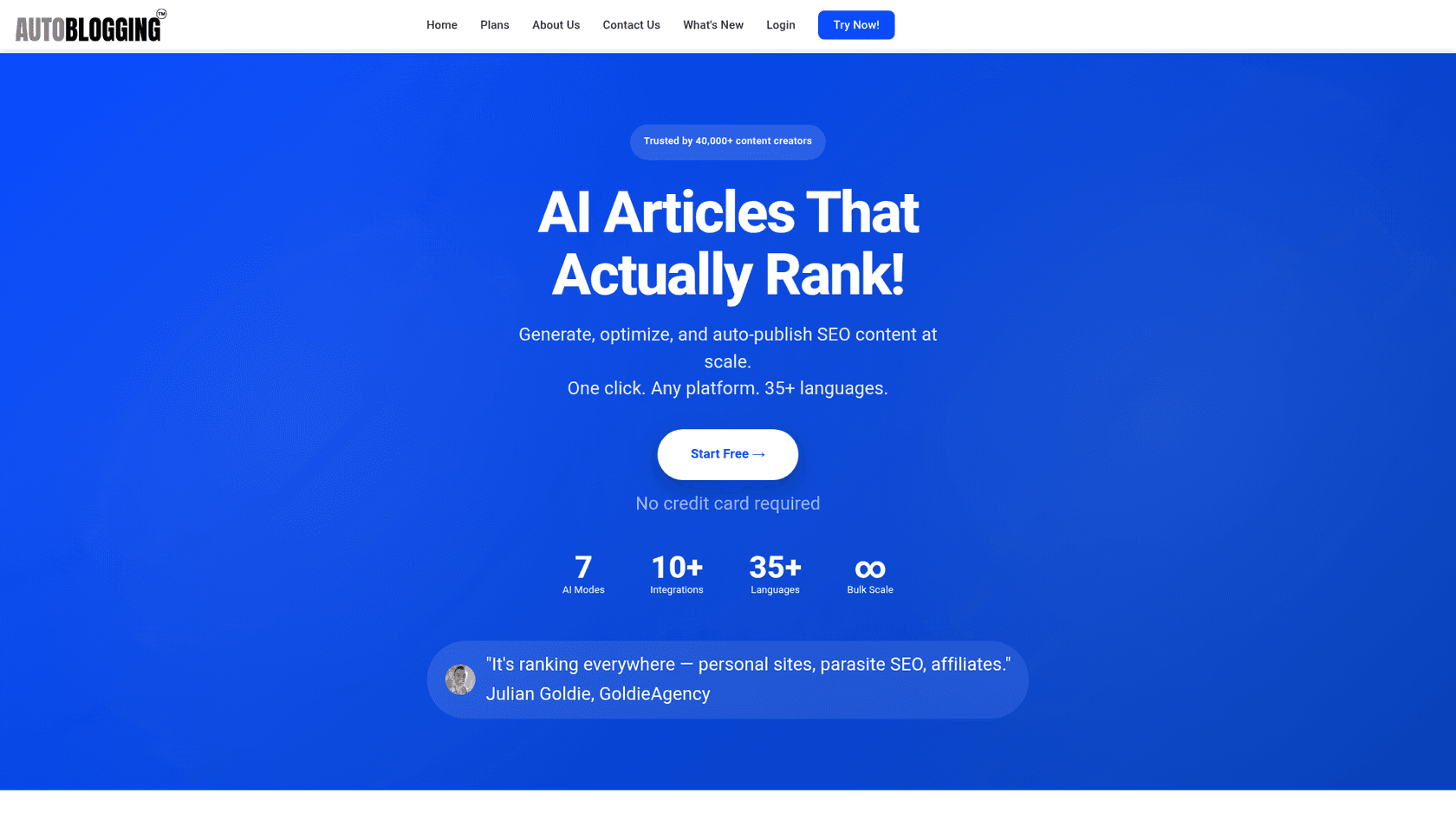 A screenshot of the Autoblogging.ai website, an AI blog writer with auto publishing.