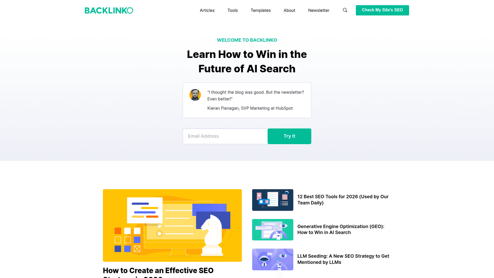 A screenshot of the Backlinko homepage, one of several SEO content writing examples discussed.