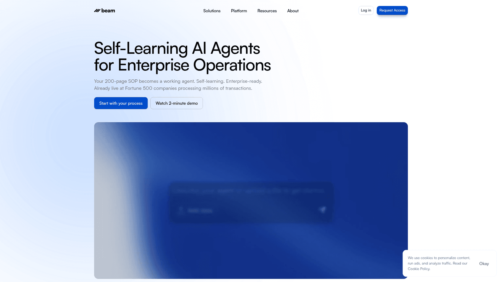 Page d'accueil de la plateforme d'automatisation de l'IA des RH et des finances Beam.ai