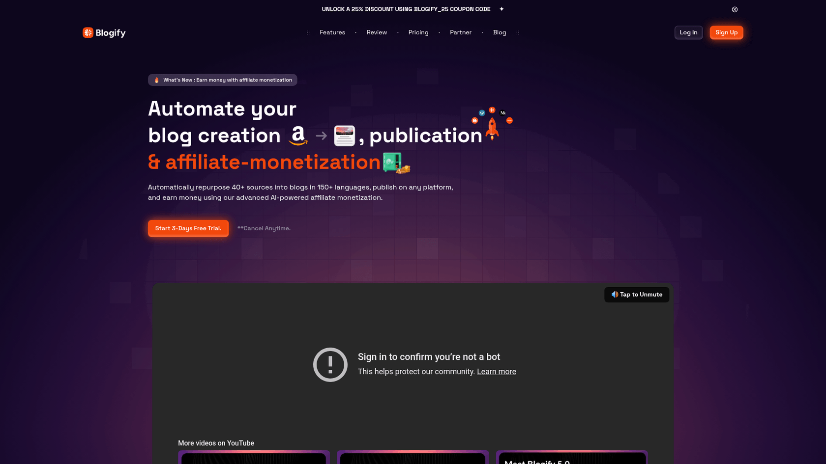 A screenshot of the Blogify landing page, which details its features as an AI blog writer multilingual tool for repurposing content.
