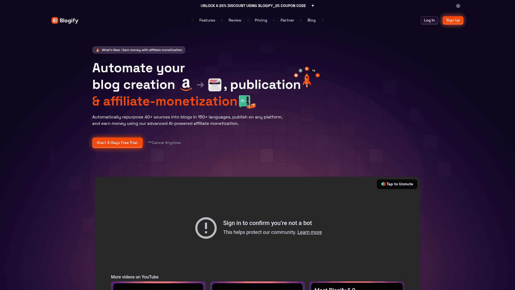 Ein Screenshot der Blogify-Landingpage, die Funktionen als mehrsprachiges KI-Blog-Autor-Tool zur Wiederverwendung von Inhalten beschreibt.