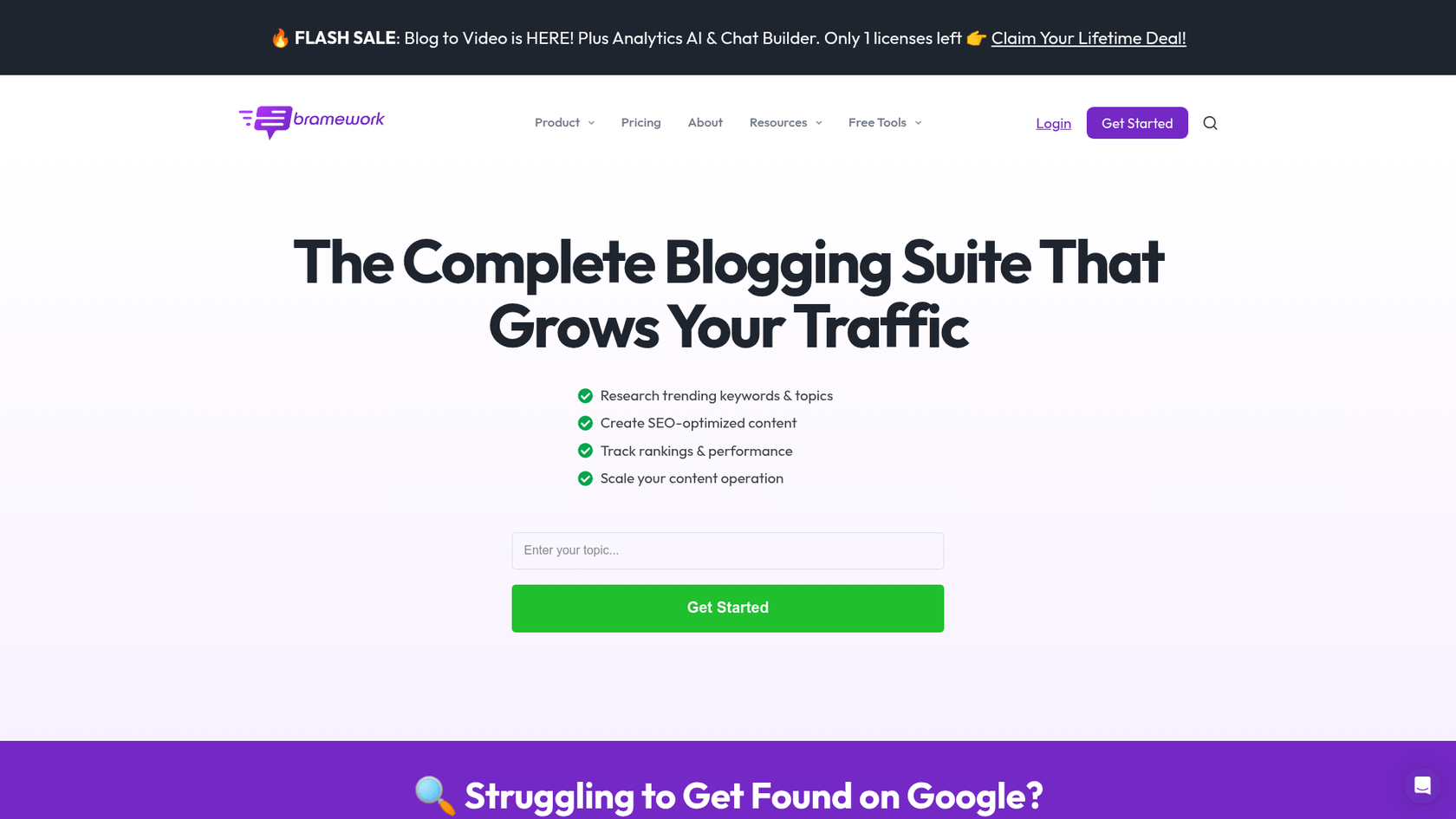 Uma captura de tela da página inicial do Bramework para uma análise do Bramework, destacando sua proposta de valor para blogueiros.