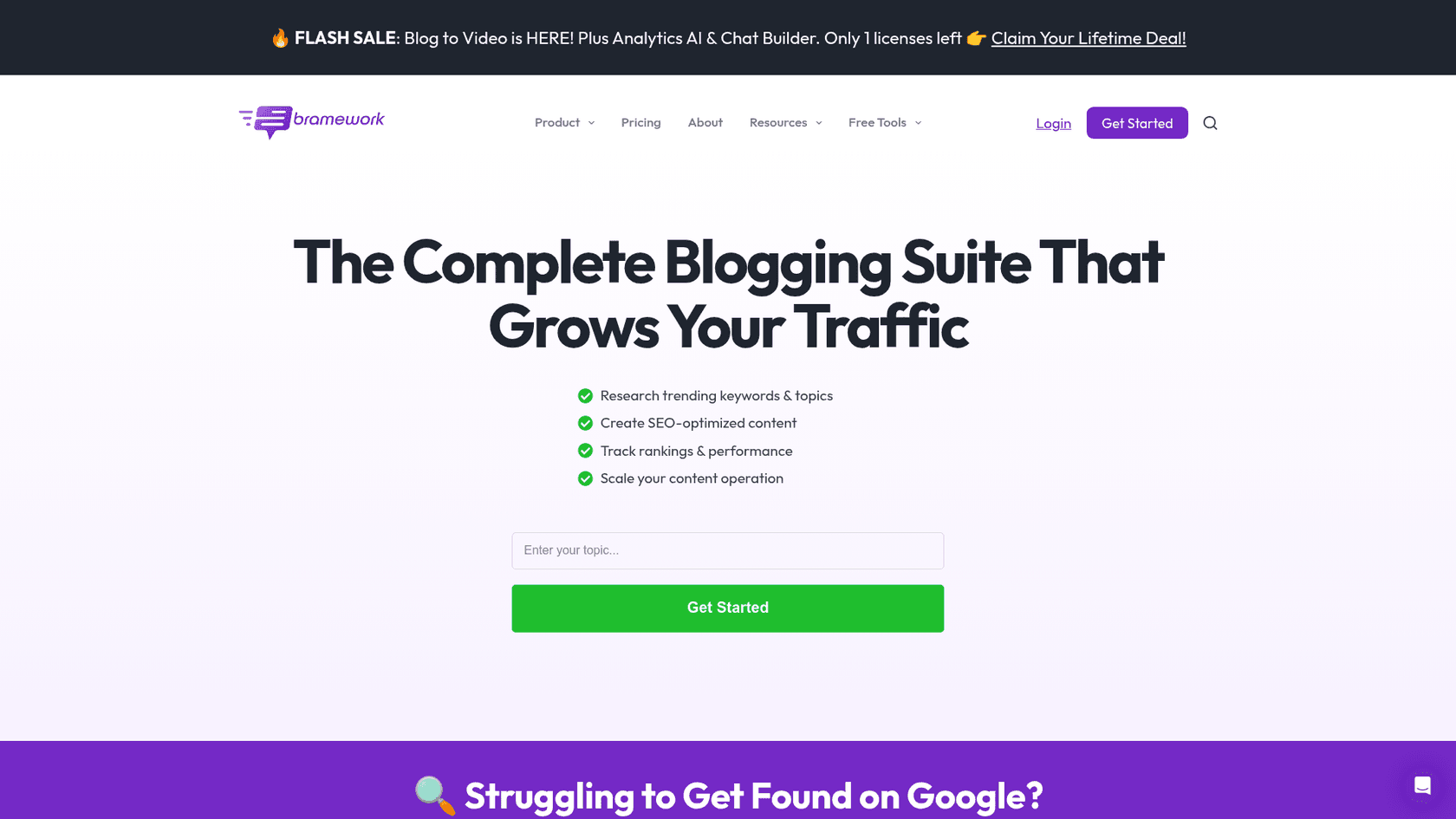 A screenshot of the Bramework homepage, highlighting its focus on blogging in the Jasper AI vs Bramework comparison.