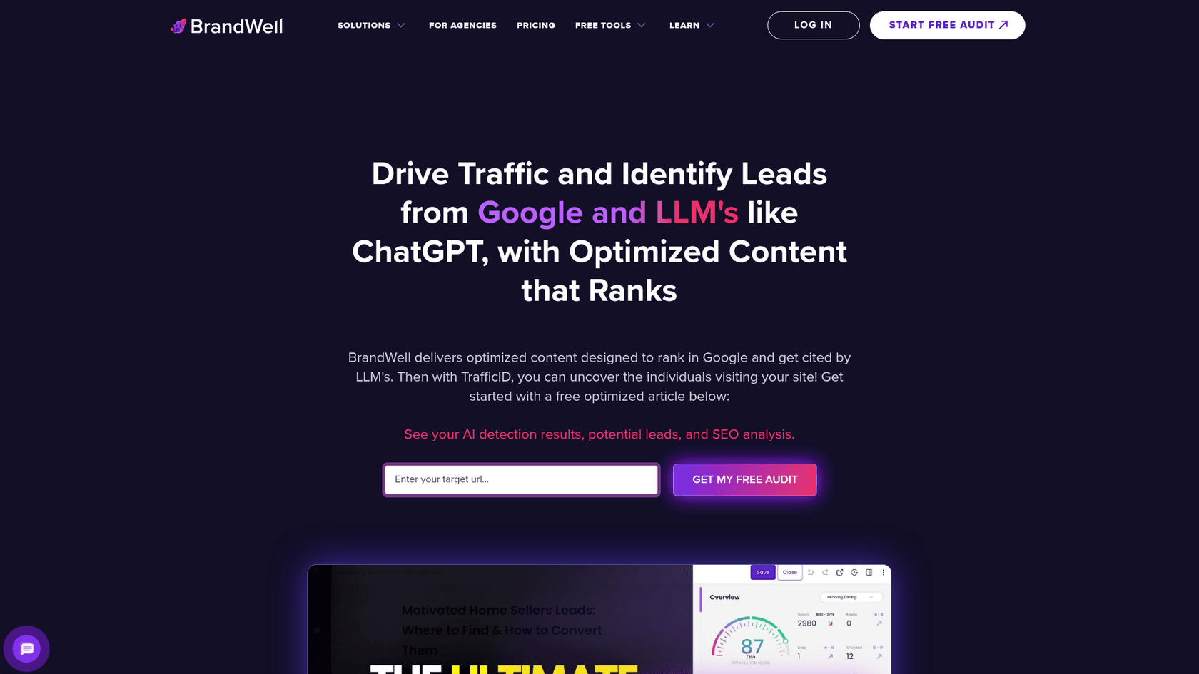 A screenshot of the Brandwell homepage, a marketing AI platform for creating human-like content.