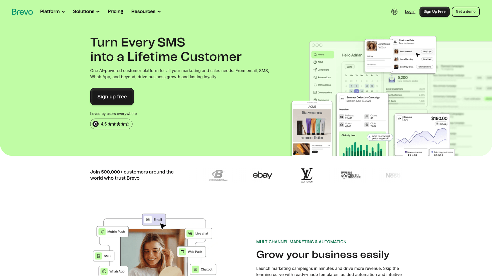 A screenshot of the Brevo landing page, an all-in-one solution among automated marketing platforms.