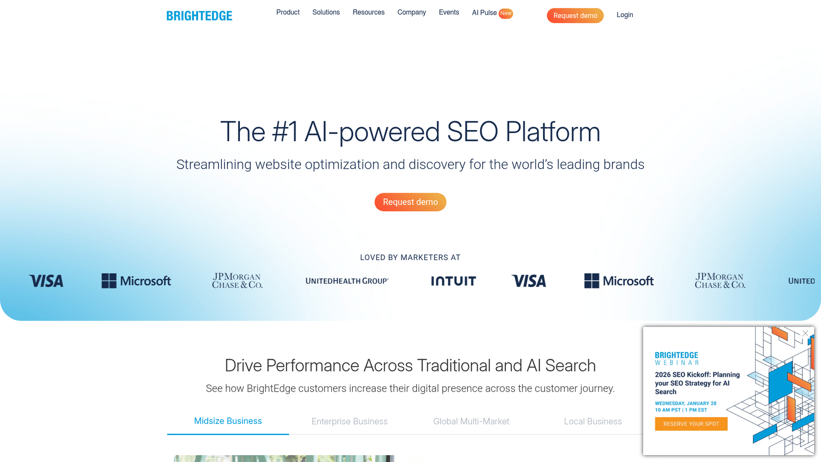 エンタープライズSEOプラットフォームであるBrightEdgeのウェブサイトのランディングページのスクリーンショット。