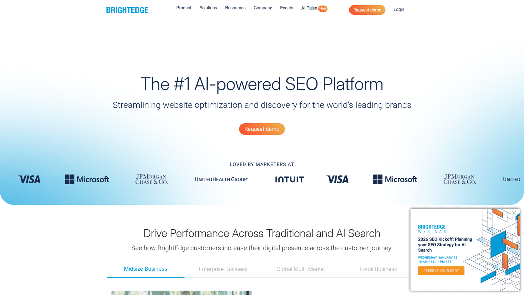 エンタープライズSEOプラットフォームであるBrightEdgeのウェブサイトのランディングページのスクリーンショット。