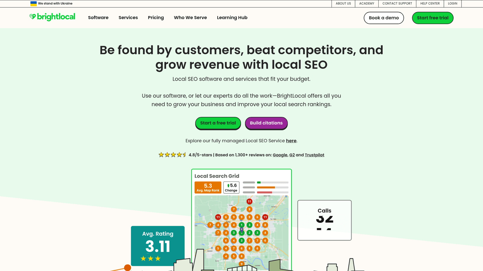 A screenshot of the BrightLocal homepage, a platform with a comprehensive suite of local SEO tools.