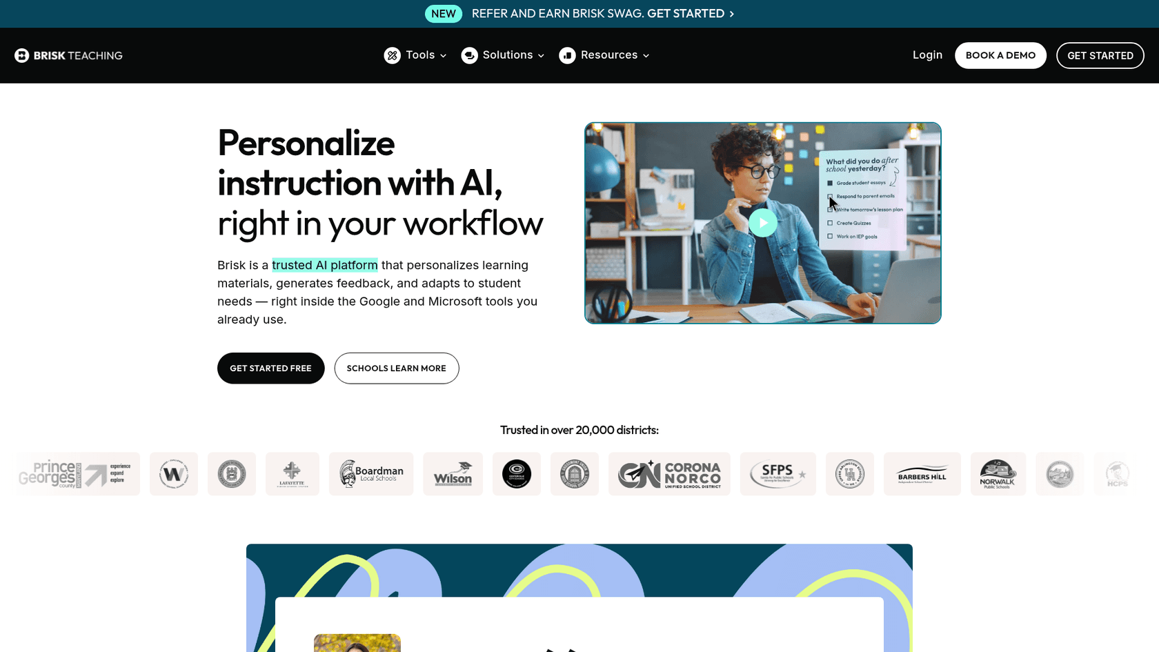 A screenshot of the Brisk Teaching homepage, an AI tool used in edtech, but not a dedicated AI blog writer for edtech.