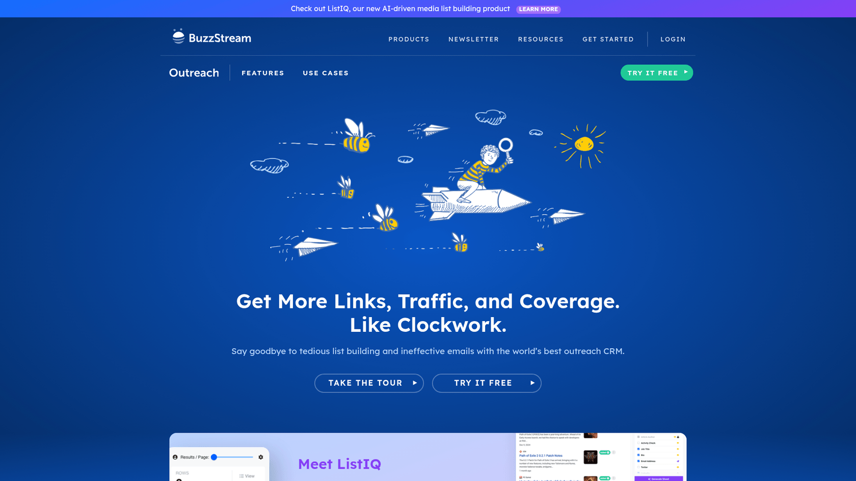 A screenshot of the BuzzStream landing page, an example of CRM-based off-page SEO tools for managing outreach.