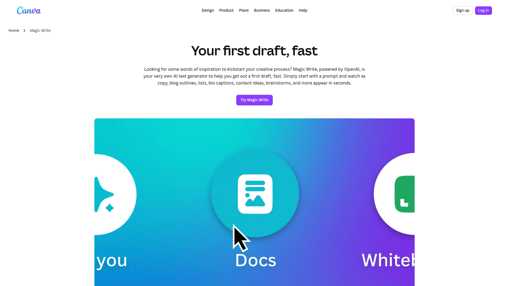 A screenshot of the Canva Magic Write landing page, illustrating its integration within the Canva design platform, an alternative to dedicated AI blog writer templates.