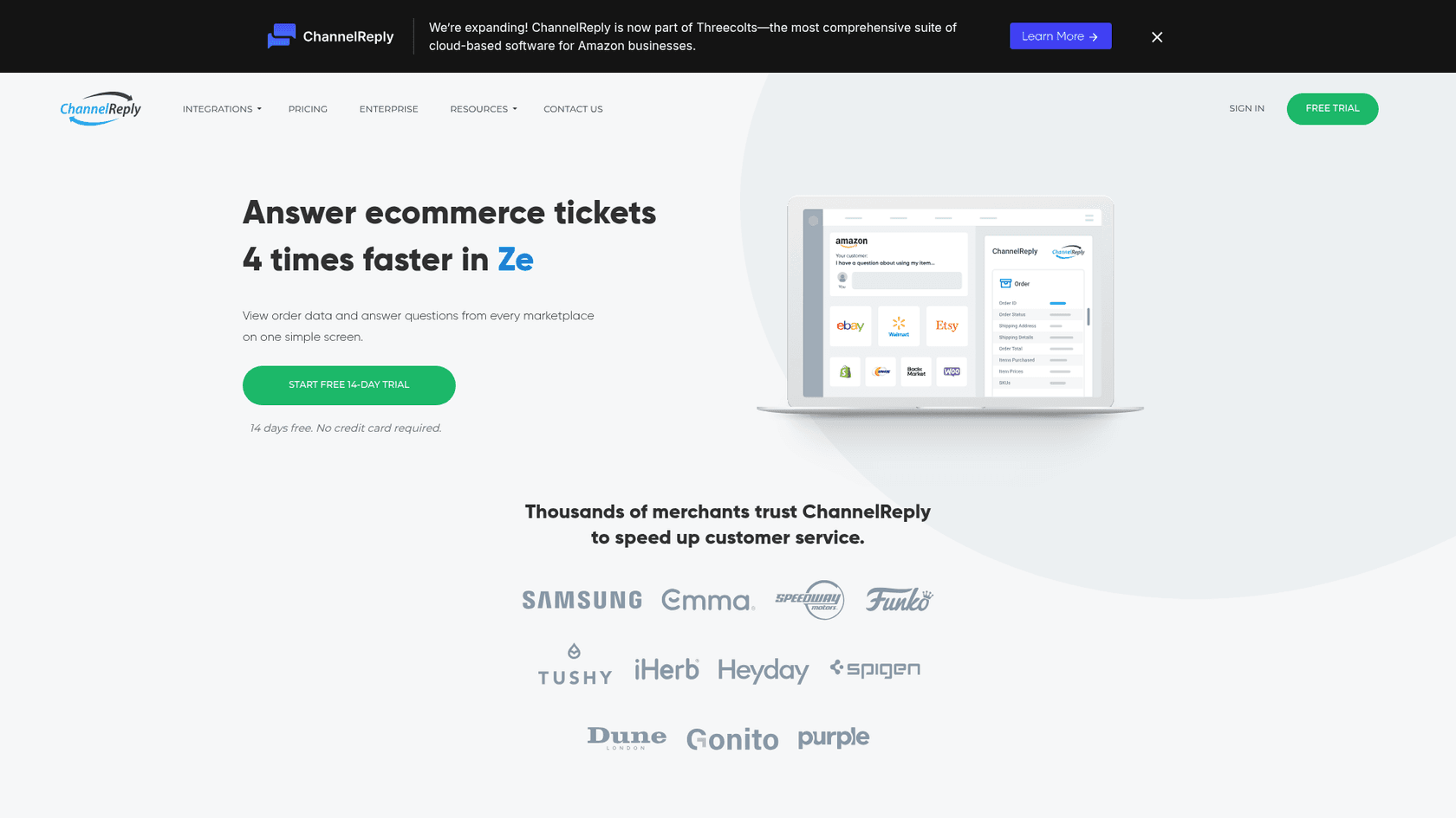 Page de destination de ChannelReply pour les intégrations de places de marché de commerce électronique