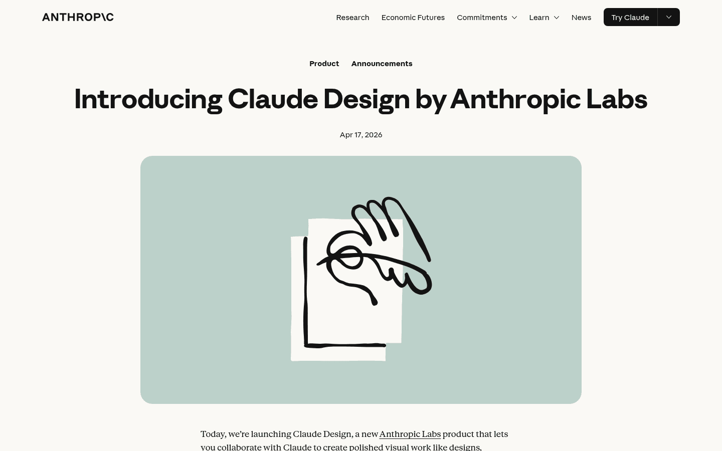 The Claude Design announcement page at anthropic.com