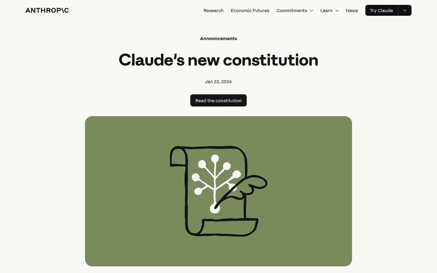 Anthropic's published model spec (Claude's constitution) page.