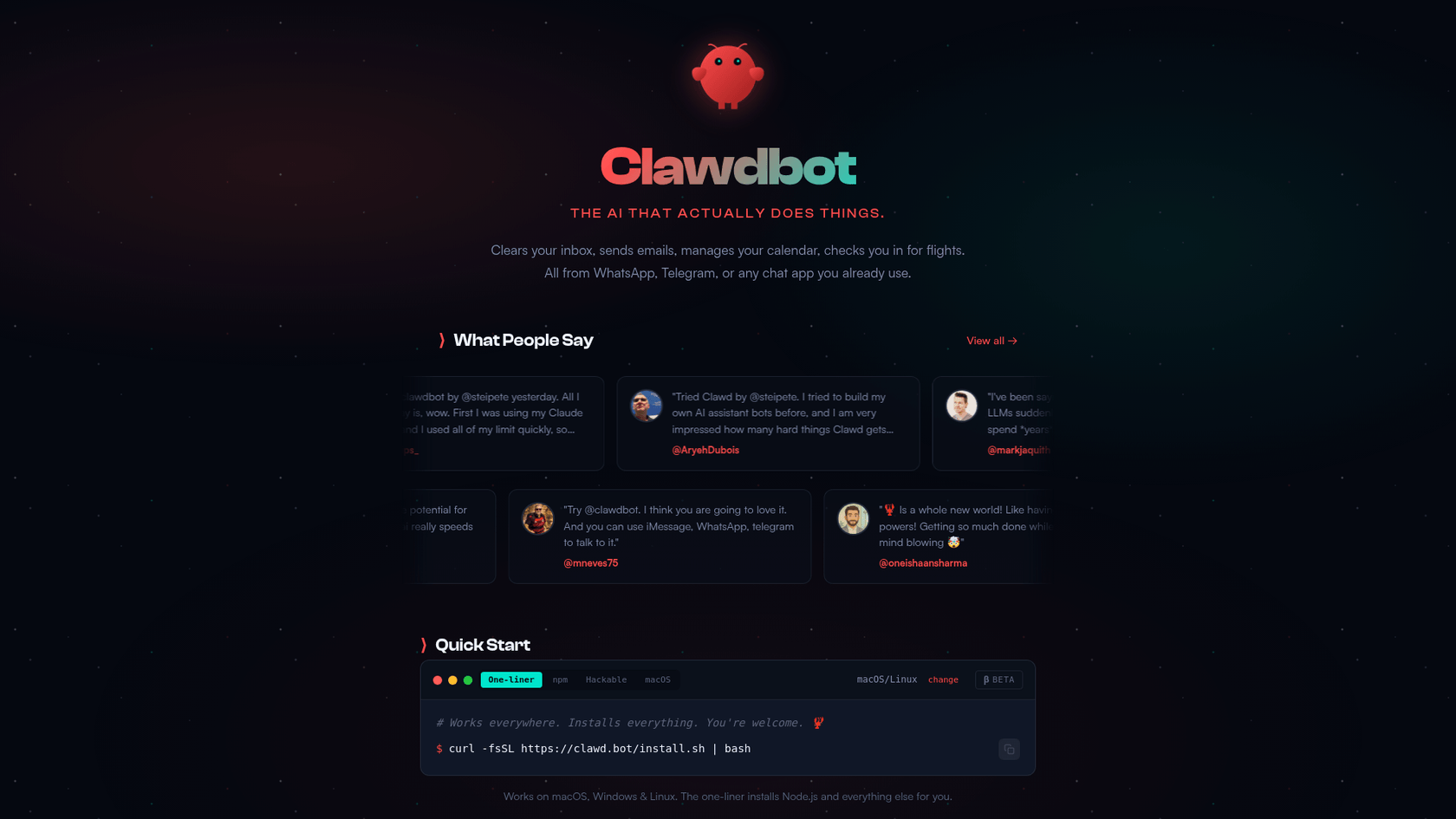 Une capture d'écran de la page d'accueil principale de Clawdbot, un assistant IA personnel open-source.