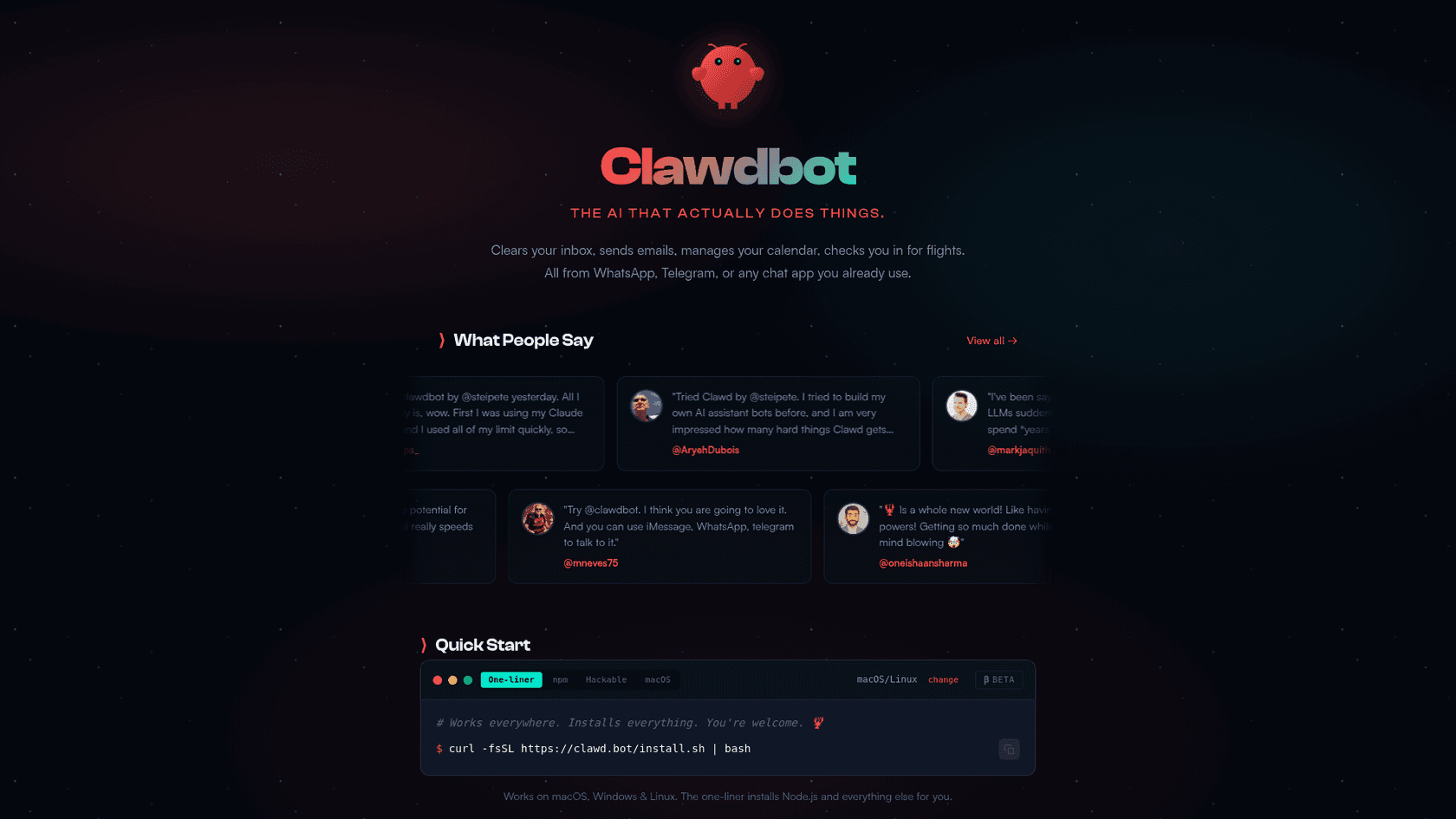 A screenshot of the main landing page for Clawdbot, an open-source personal AI assistant.