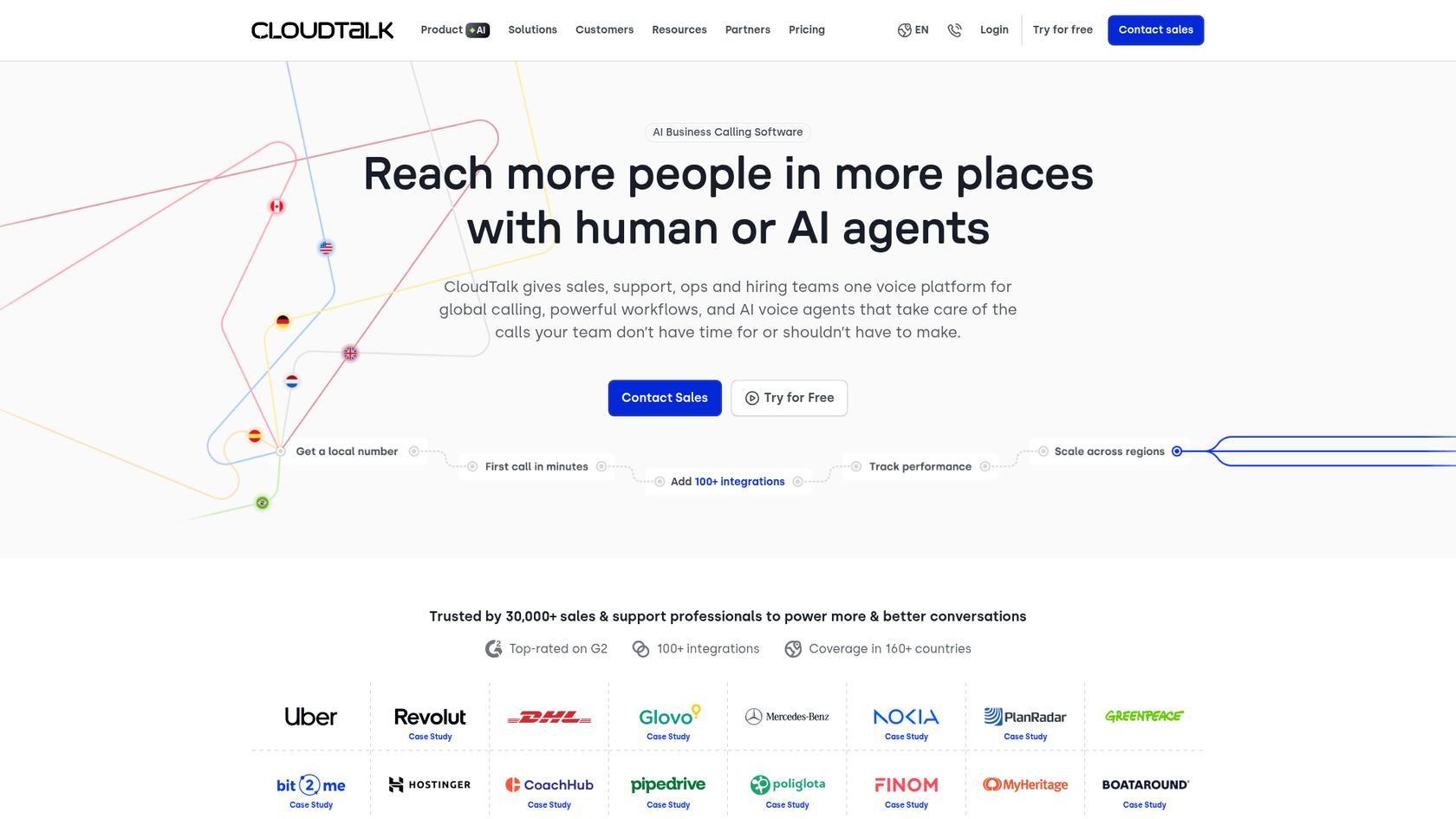 CloudTalk landing page showcasing the platform's VoIP and AI capabilities.