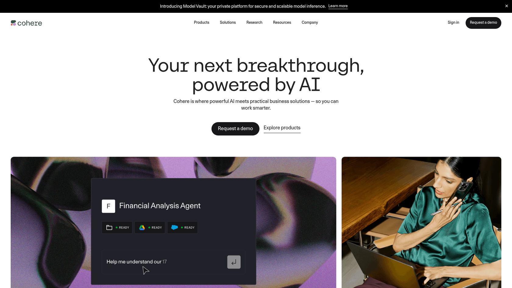 A screenshot of the Cohere website's landing page, a top contender for enterprise-focused OpenAI frontier alternatives.