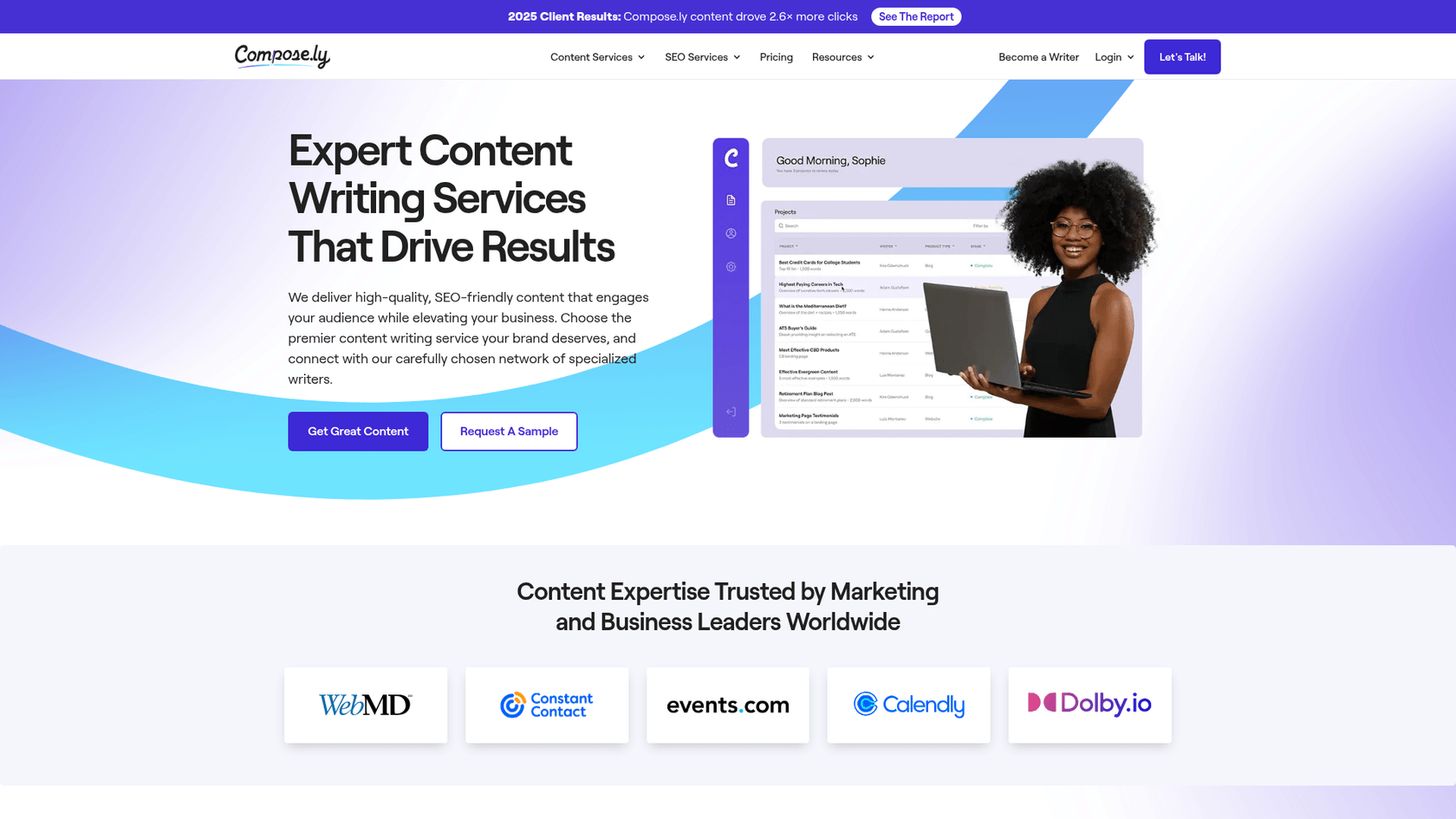 A screenshot of the Compose.ly homepage, a blog writing service that focuses on E-E-A-T and provides vetted writers with advanced degrees.