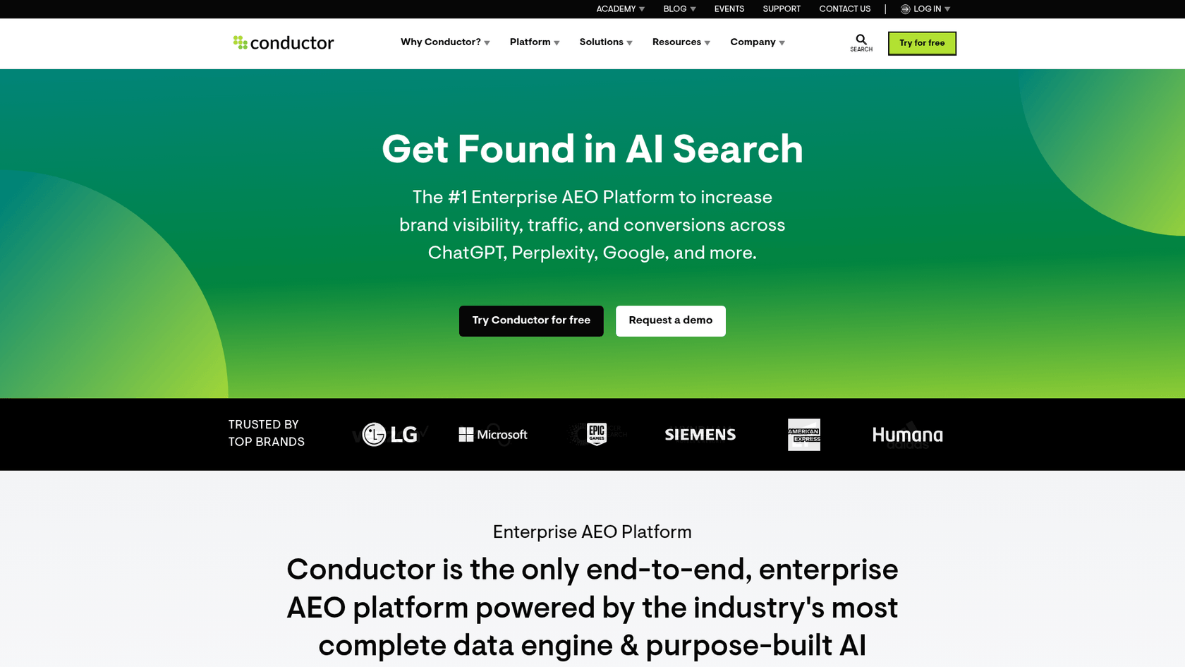 エンタープライズSEOプラットフォームであるConductorのウェブサイトのランディングページのスクリーンショット。