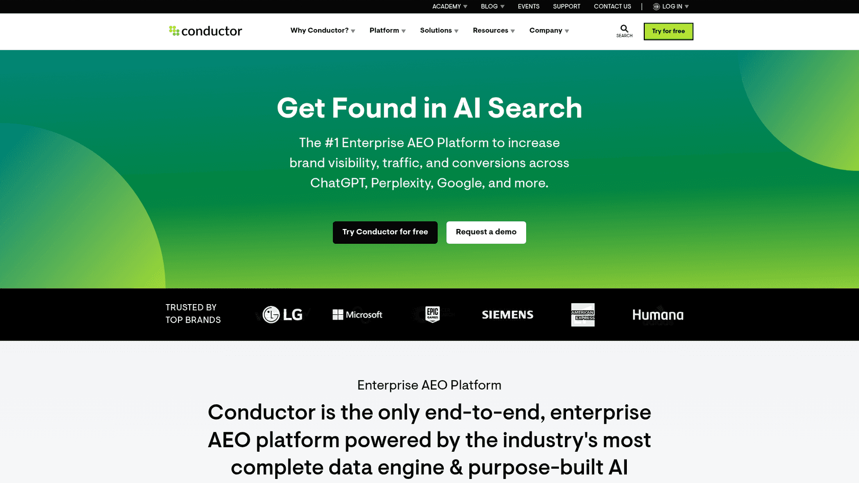 エンタープライズSEOプラットフォームであるConductorのウェブサイトのランディングページのスクリーンショット。