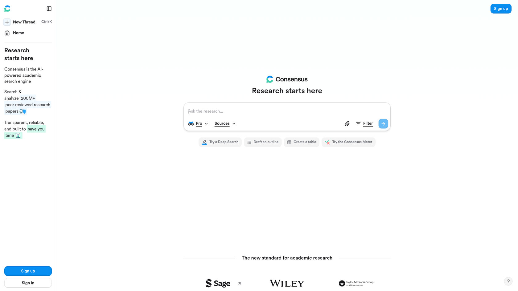 AI検索エンジンの中でも学術研究に特化したツール、Consensusのランディングページのスクリーンショット。