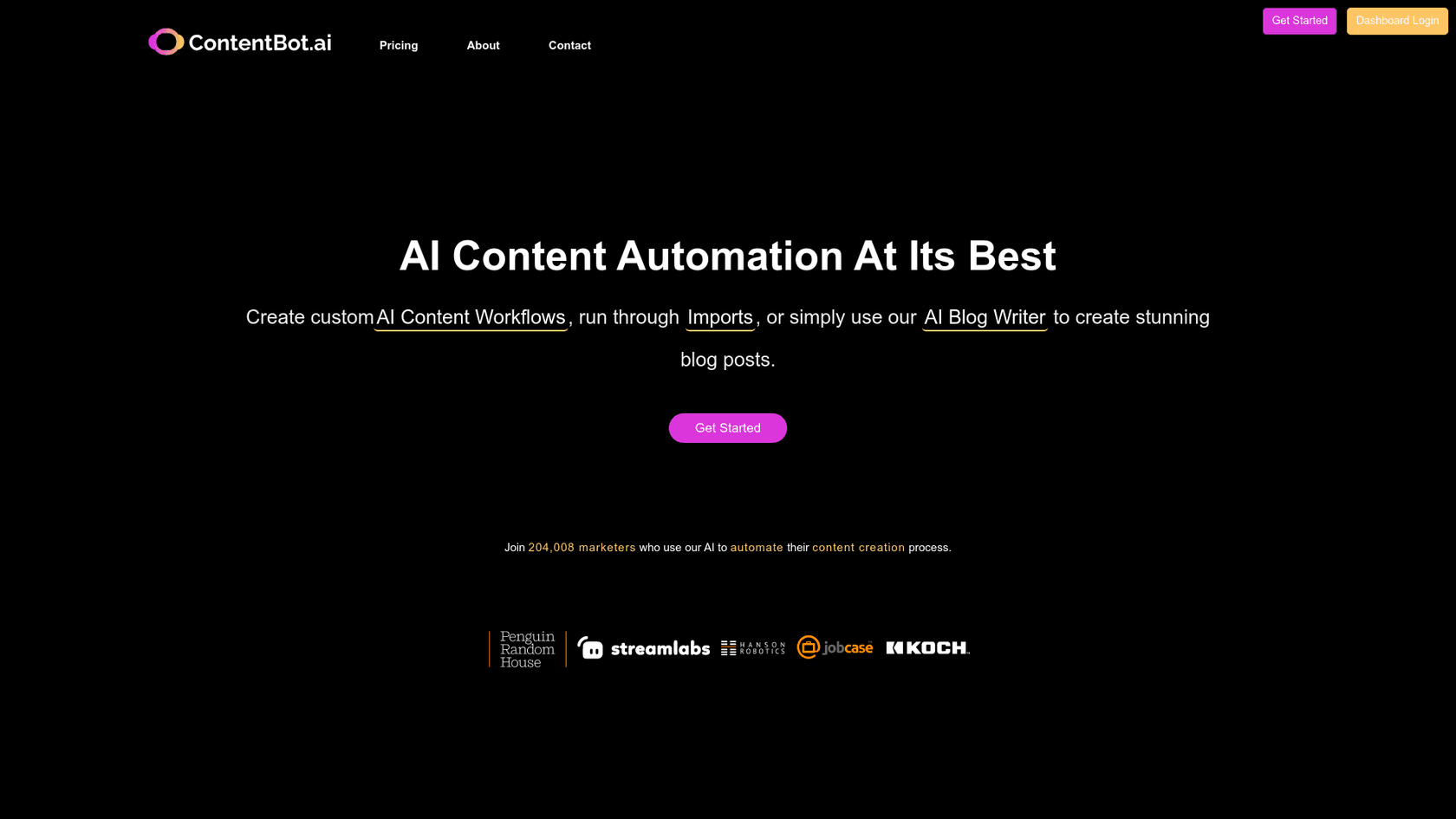 Ein Screenshot der Haupt-Landingpage der ContentBot.ai KI-Content-Automatisierungsplattform.