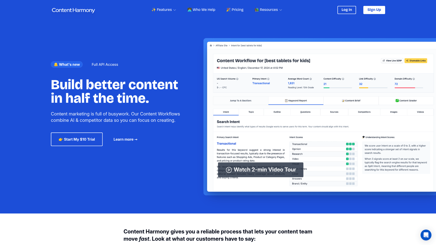 A screenshot of the Content Harmony homepage, a workflow-oriented option in the list of MarketMuse alternatives.