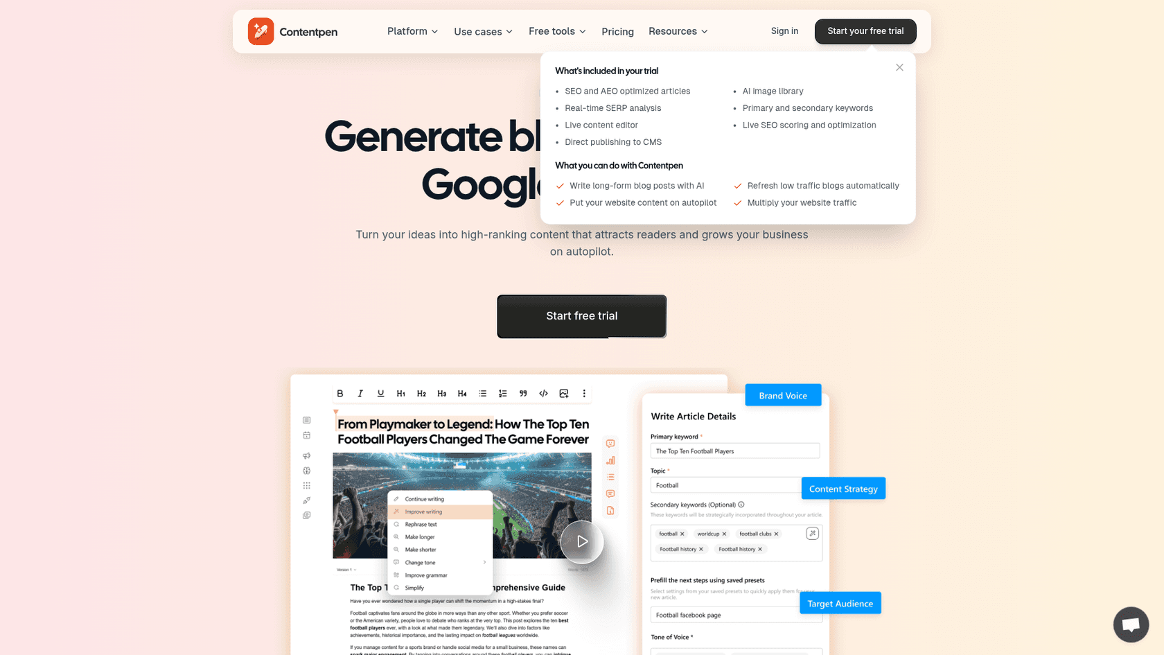 A screenshot of the Contentpen.ai homepage, an AI blog writer with auto publishing.
