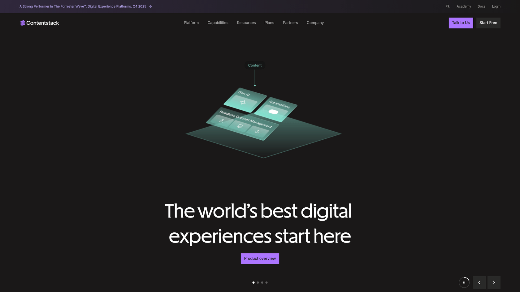 A screenshot of the Contentstack website homepage, a DXP used for enterprise-level AI content management.