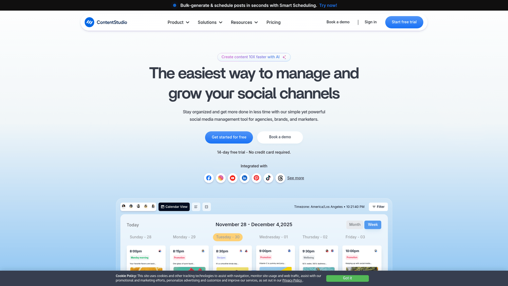 Una captura de pantalla de la página de destino del generador de biografías de ContentStudio, que ofrece una amplia variedad de tonos creativos.