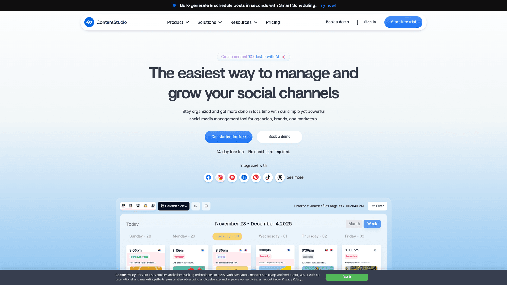 Una captura de pantalla de la página de destino del generador de biografías de ContentStudio, que ofrece una amplia variedad de tonos creativos.