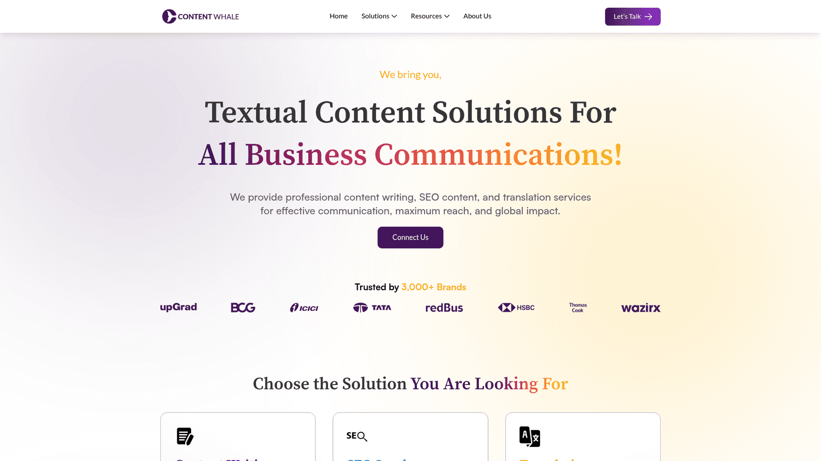 Una captura de pantalla de la página de inicio de Content Whale, que ofrece soluciones de redacción de blogs especializadas e impulsadas por humanos.