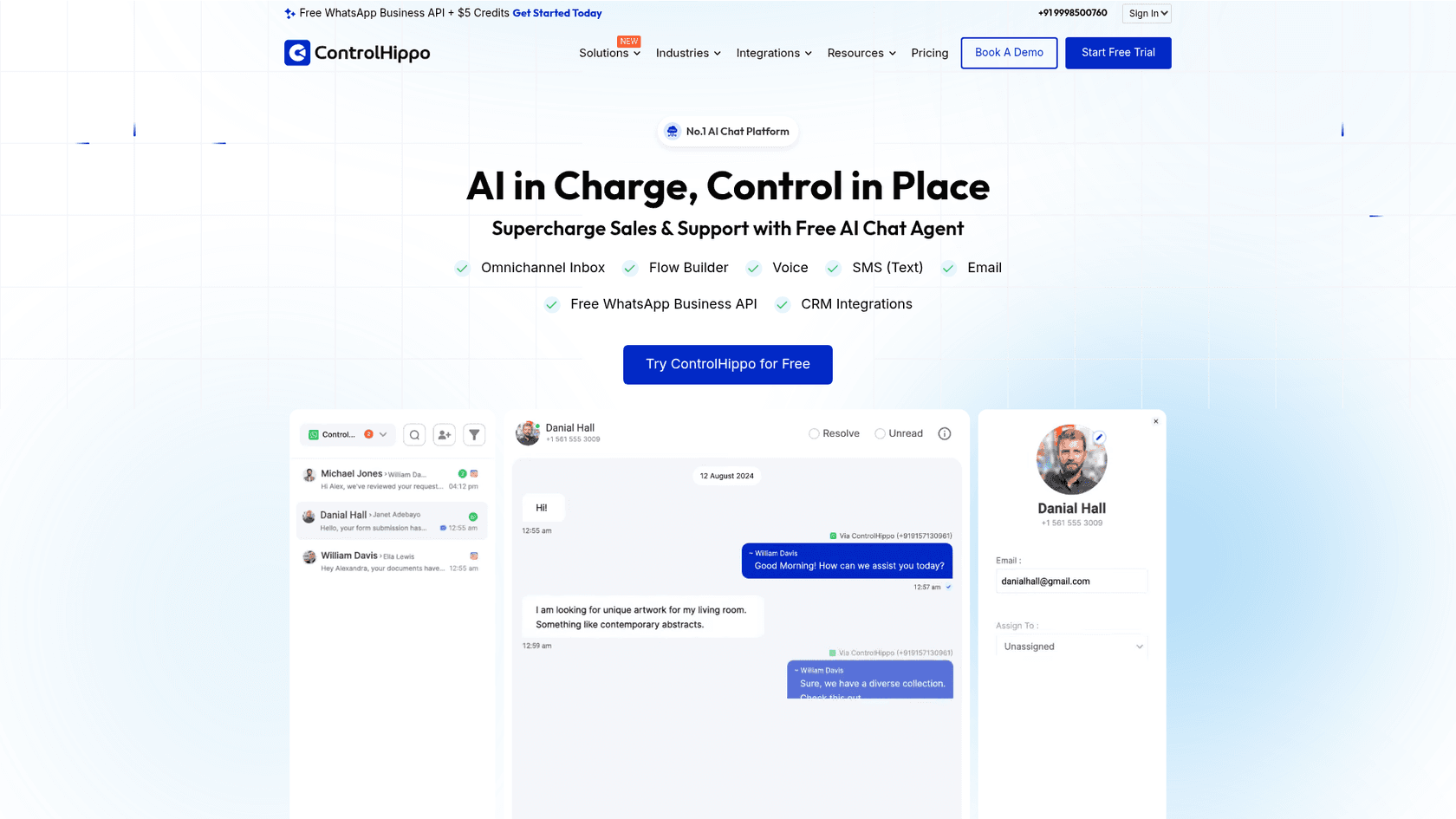 Interface da plataforma de IA conversacional omnichannel ControlHippo