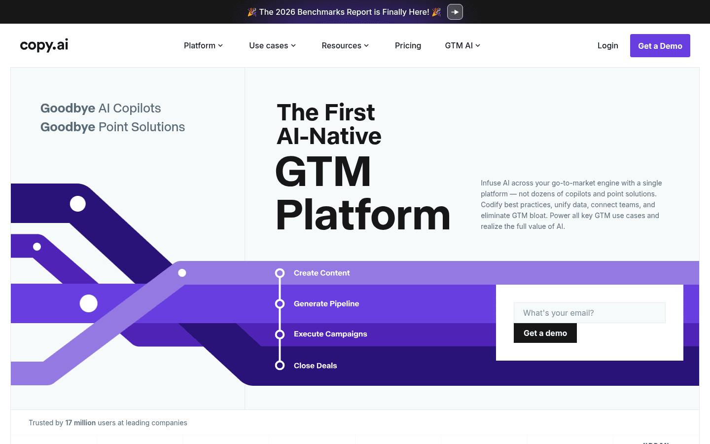 Copy.ai homepage - free AI writing tool with GTM workflows