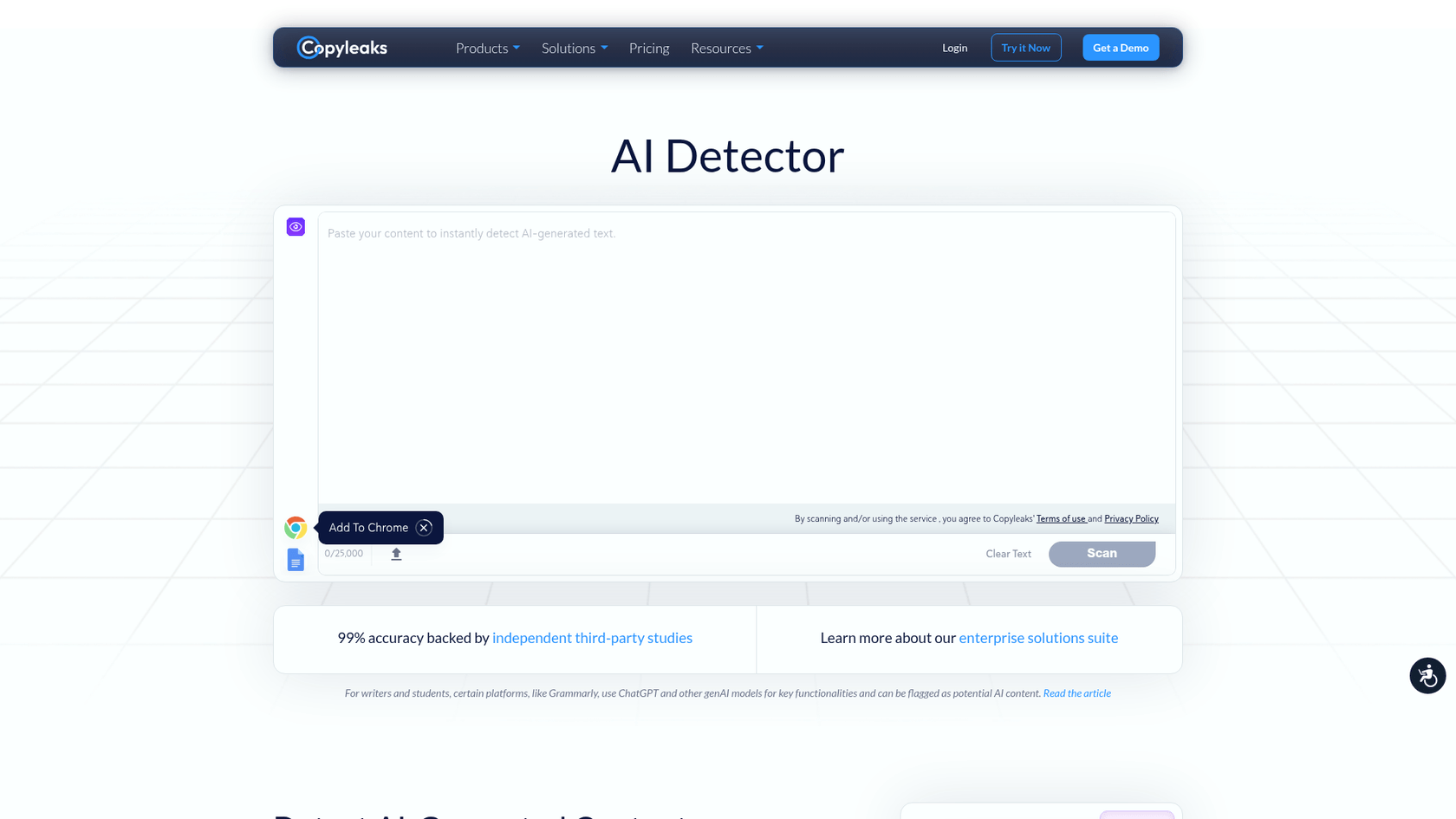A screenshot of the Copyleaks landing page, a highly accurate software to detect AI writing for professional use.