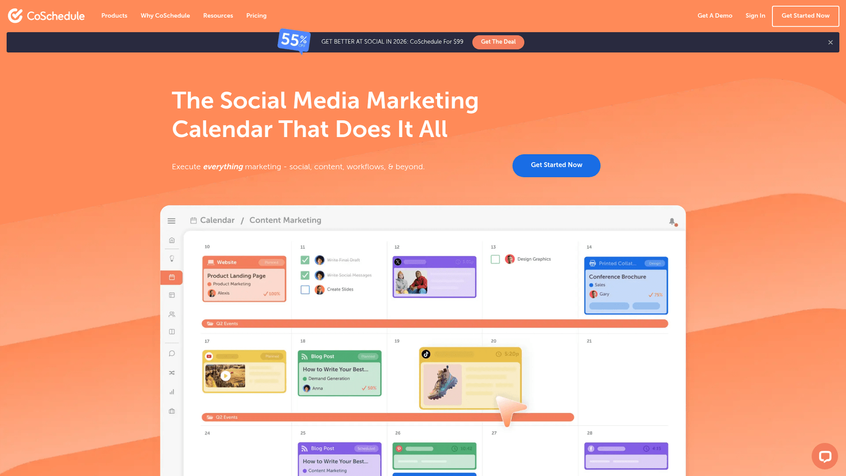 A screenshot of the CoSchedule website homepage, a platform for organizing content calendars as part of your blog writing strategies.