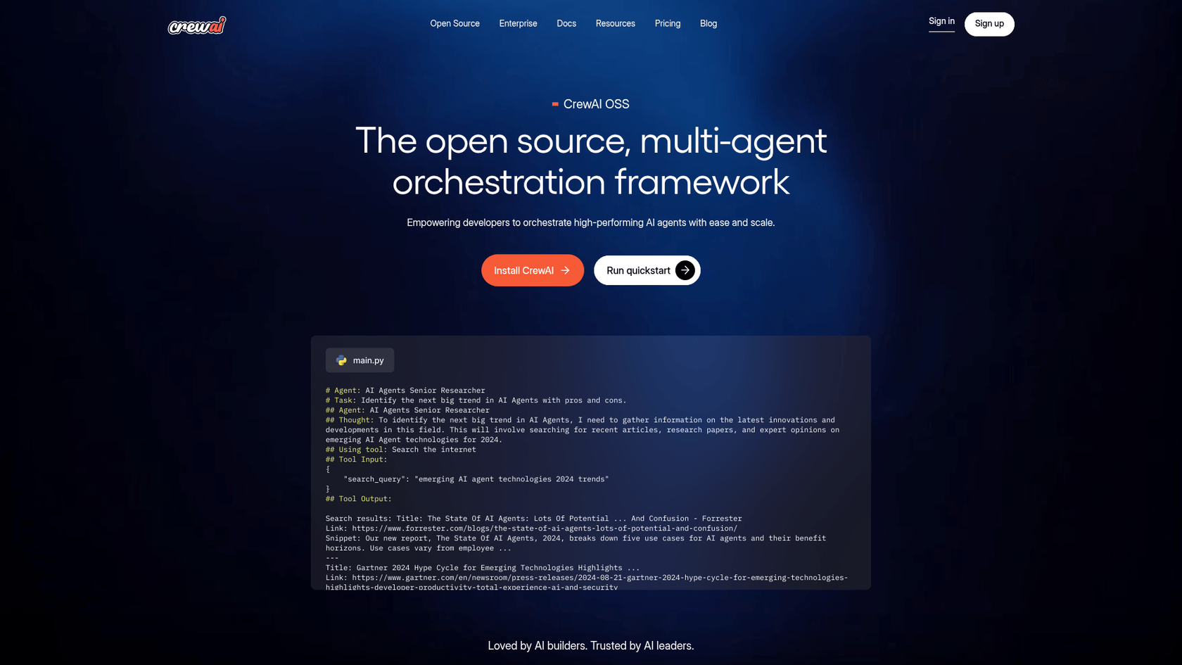 A screenshot of the CrewAI website's landing page, an open-source framework that can be used to build a custom AI data science blog writer.