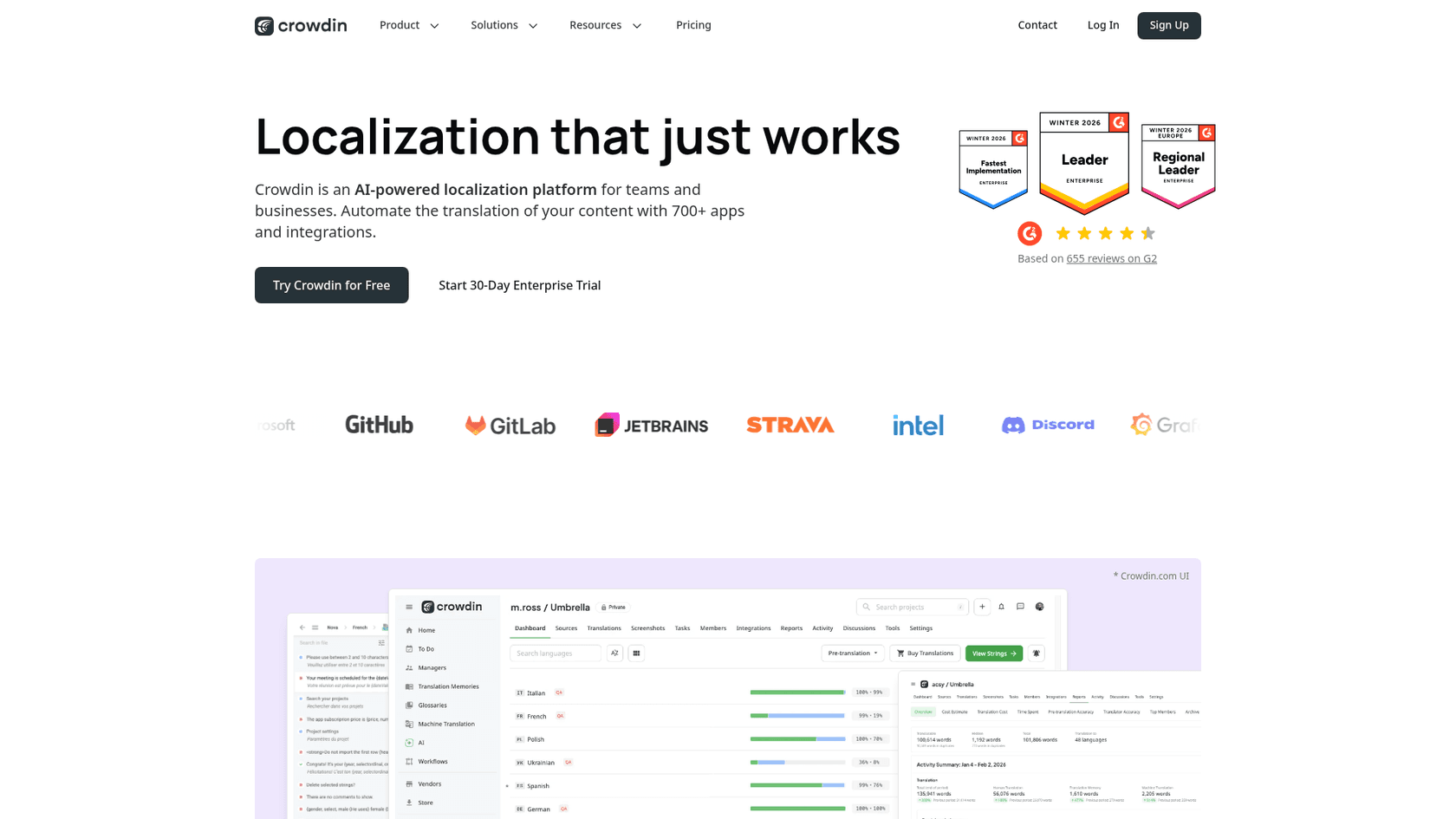 Crowdin localization platform interface for managing translations