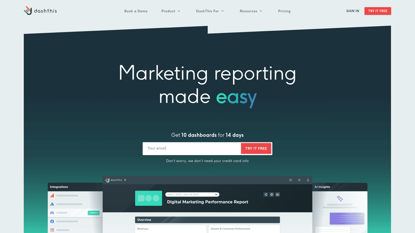 Una captura de pantalla de la página de inicio de DashThis, una plataforma utilizada para crear informes de SEO para clientes.