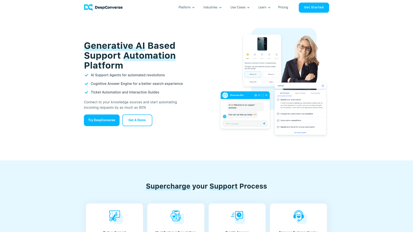 Página de inicio de DeepConverse con soluciones seguras de chatbot de IA para empresas.