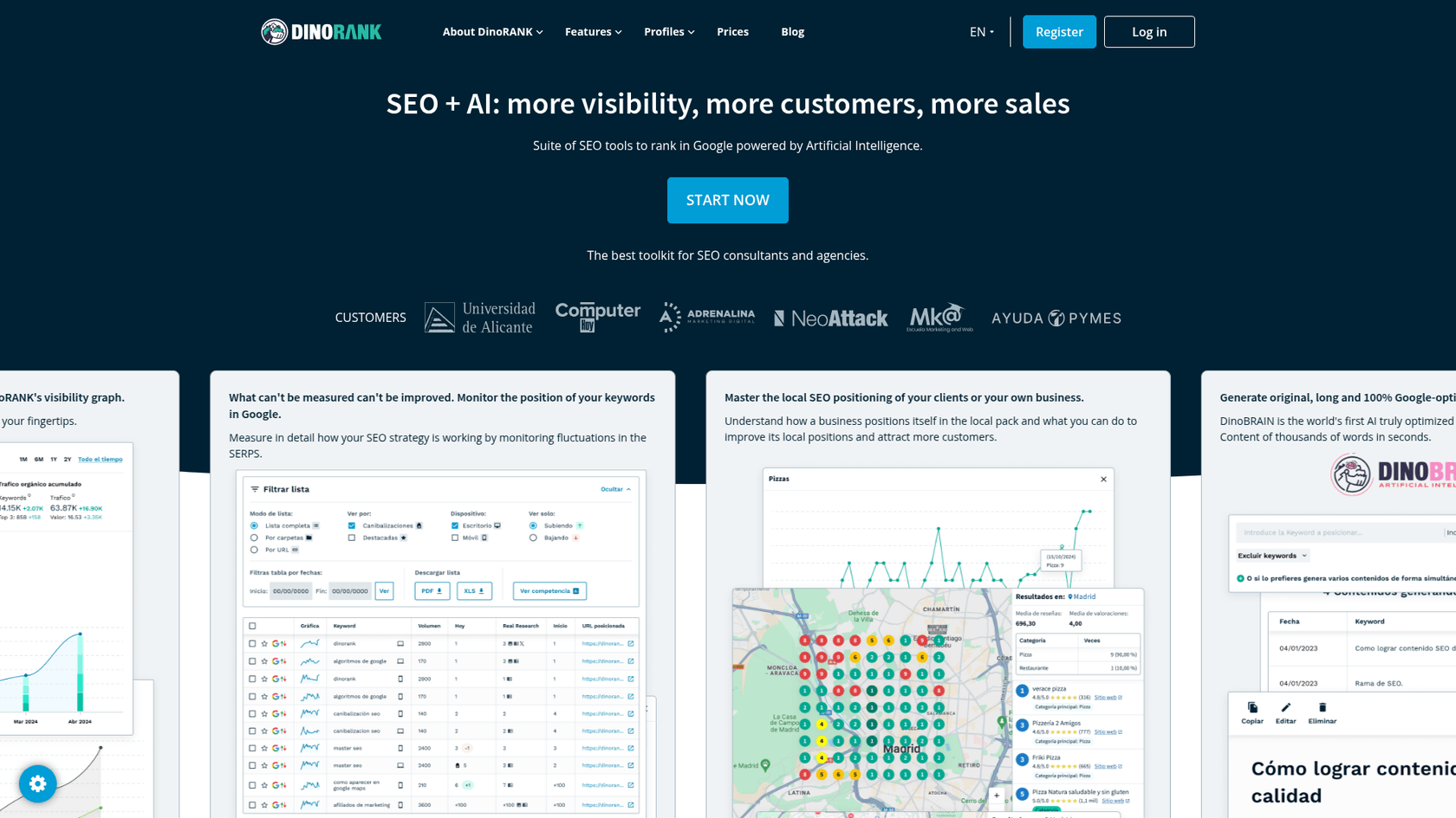 Uma captura de tela da página inicial do site da DinoRANK, uma opção de alto valor entre as alternativas ao SE Ranking.