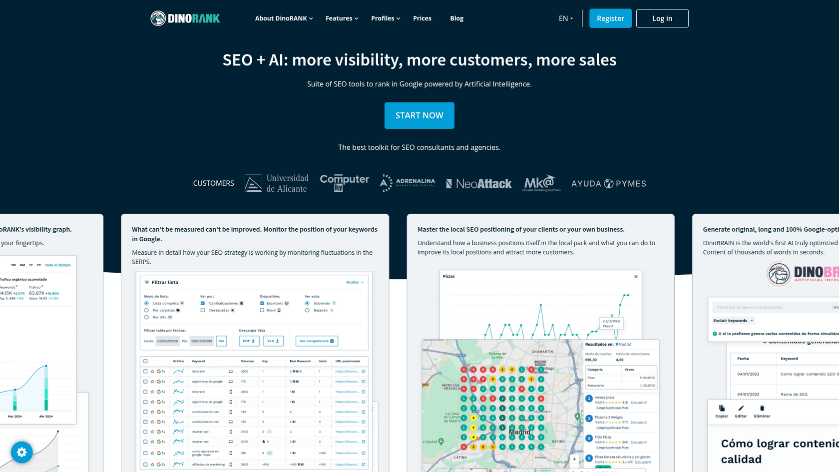 A screenshot of the DinoRANK website's landing page, a high-value option among SE Ranking alternatives.