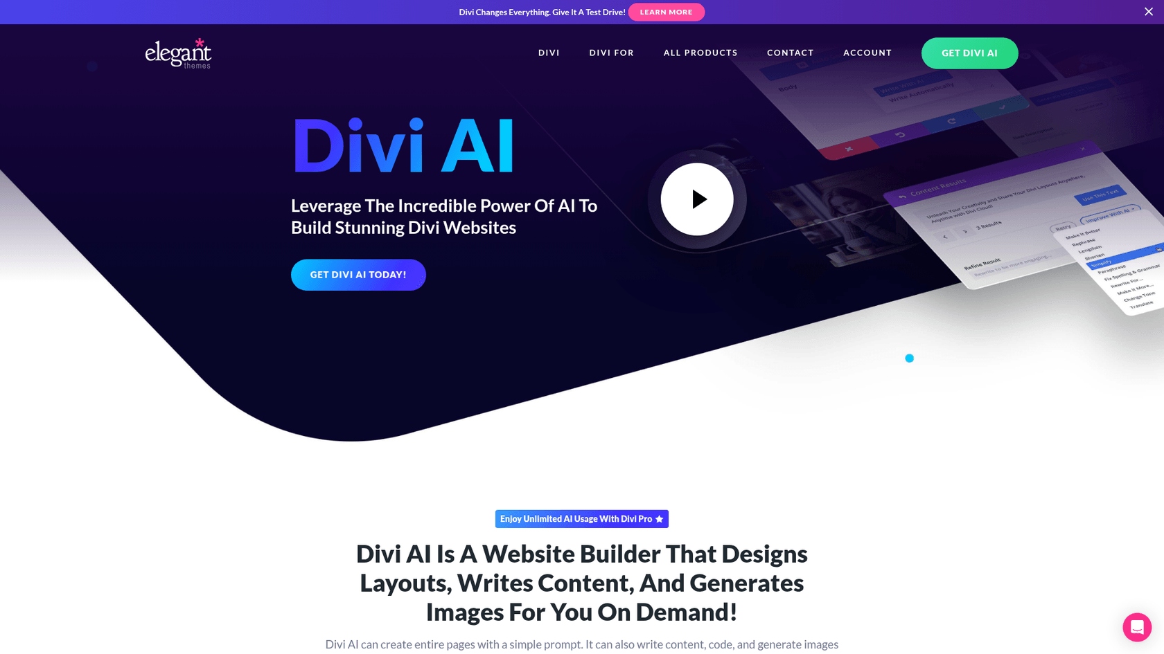 A screenshot of the Divi AI AI blog WordPress plugin official webpage, showcasing its integration within the Divi theme builder.