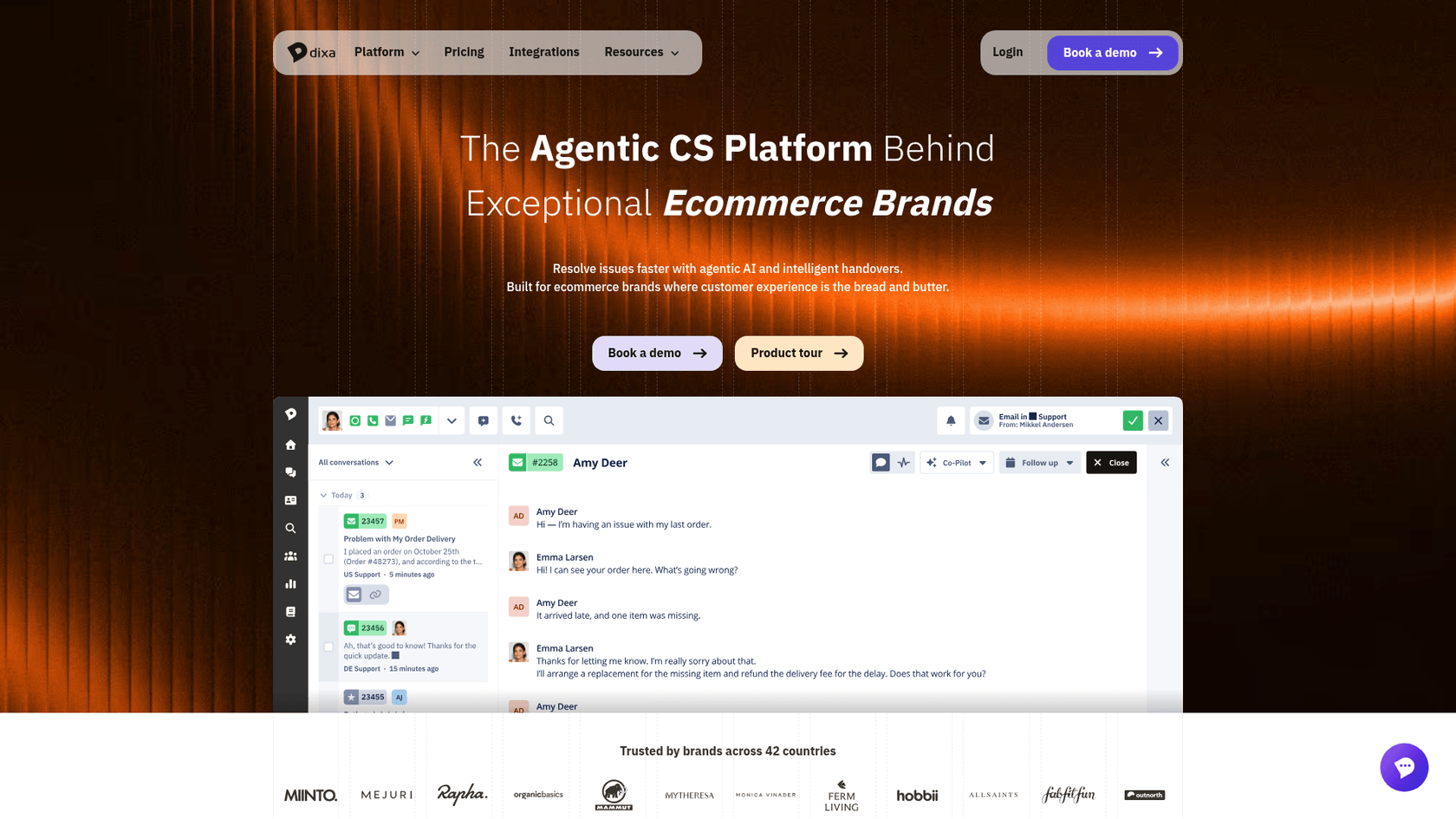 Dixa landing page showcasing the agentic customer service platform.