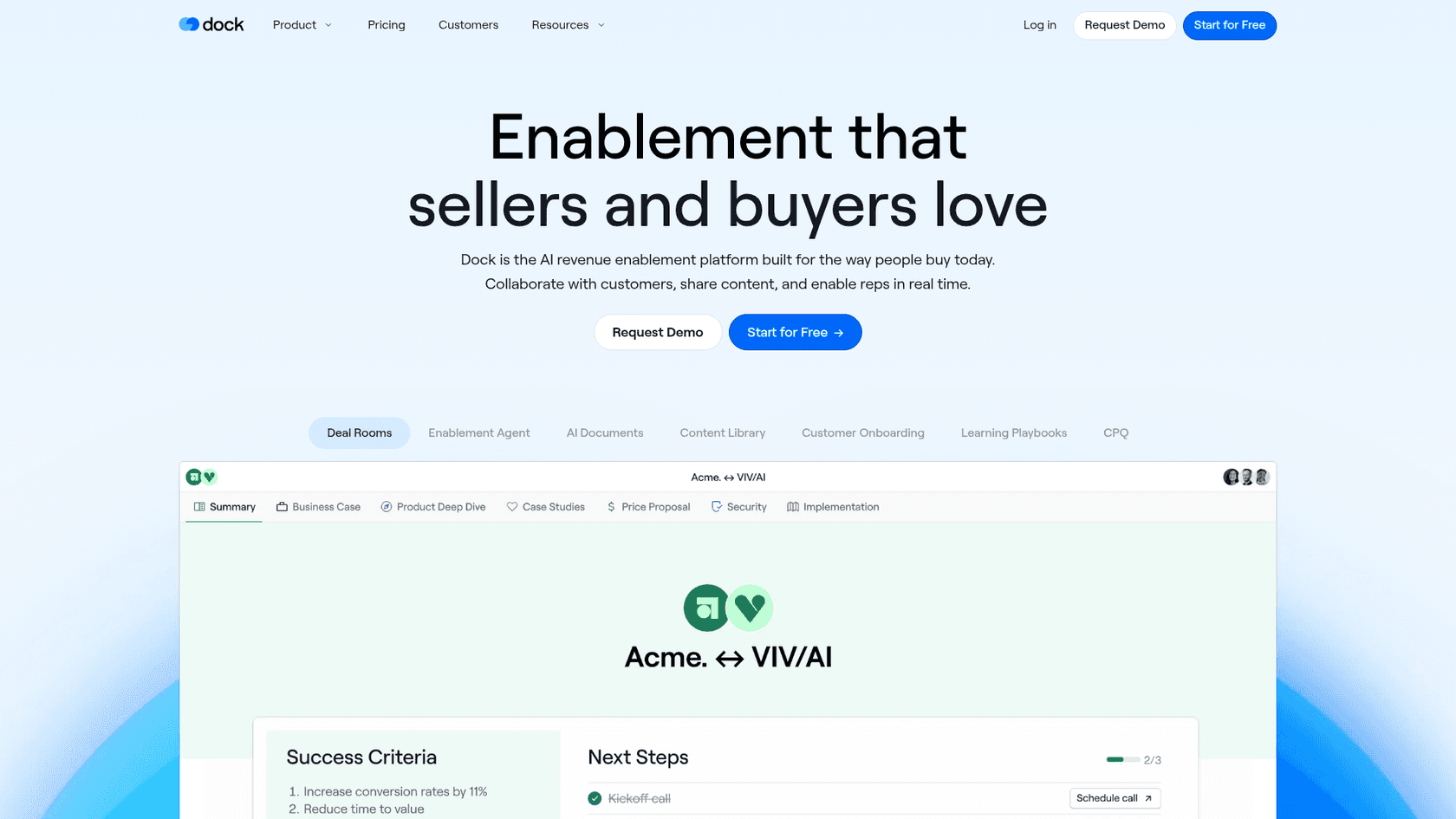 Dock landing page showing client collaboration workspace