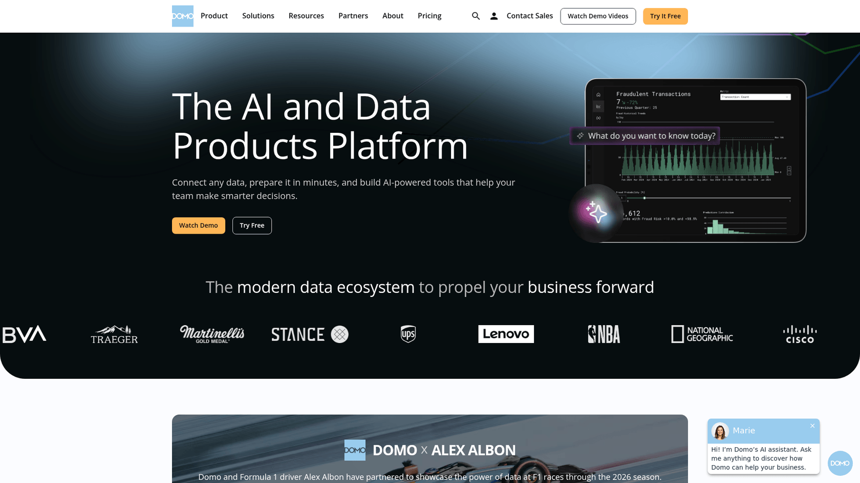 A screenshot of the Domo homepage, a business intelligence platform often confused with an AI content pipeline tool.