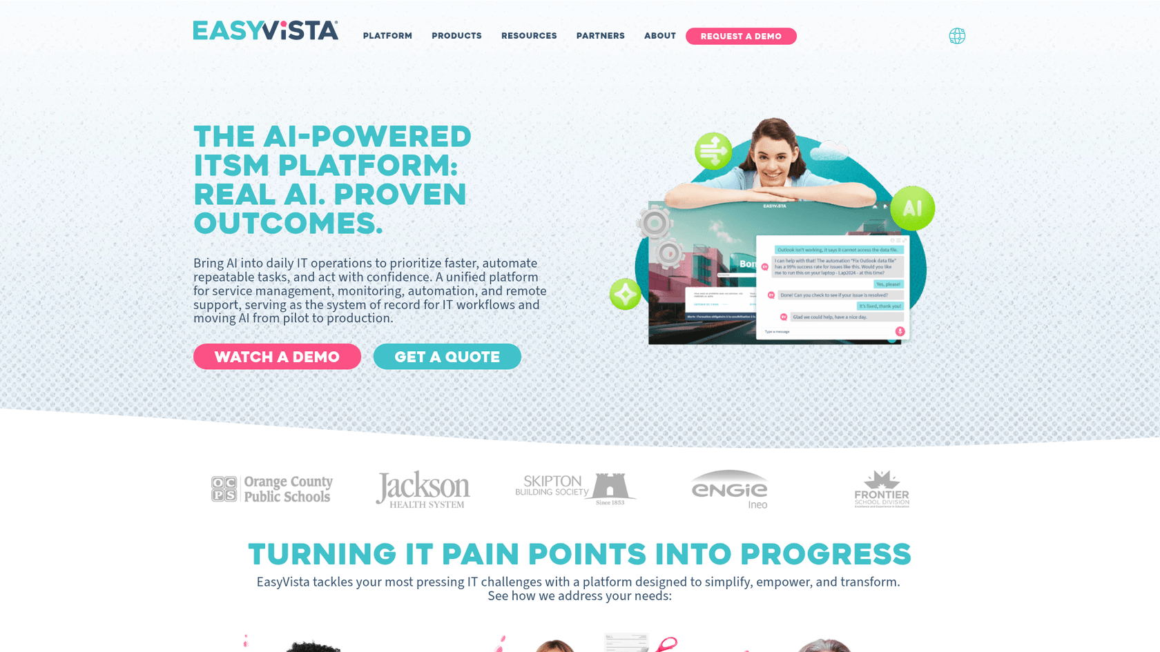 Página de inicio de EasyVista que destaca la gestión de servicios con certificación ITIL