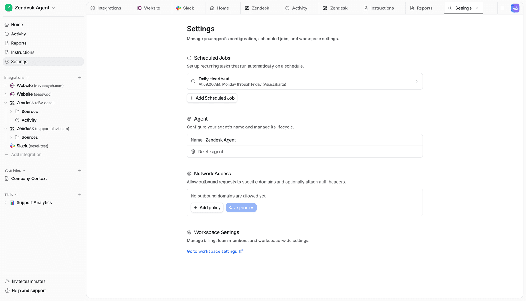 eesel AI agent settings - configuring instructions, knowledge sources, and escalation rules