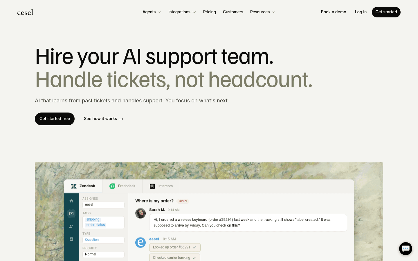 eesel AI product page showing the helpdesk agent interface for handling internal support tickets